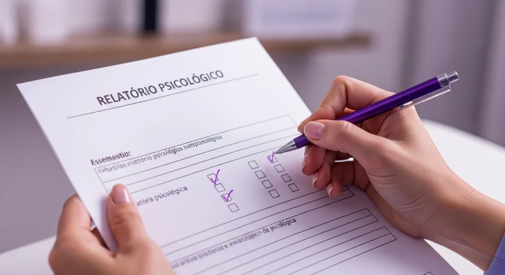 Psicólogo preenchendo um relatório de avaliação psicológica para ansiedade e depressão.