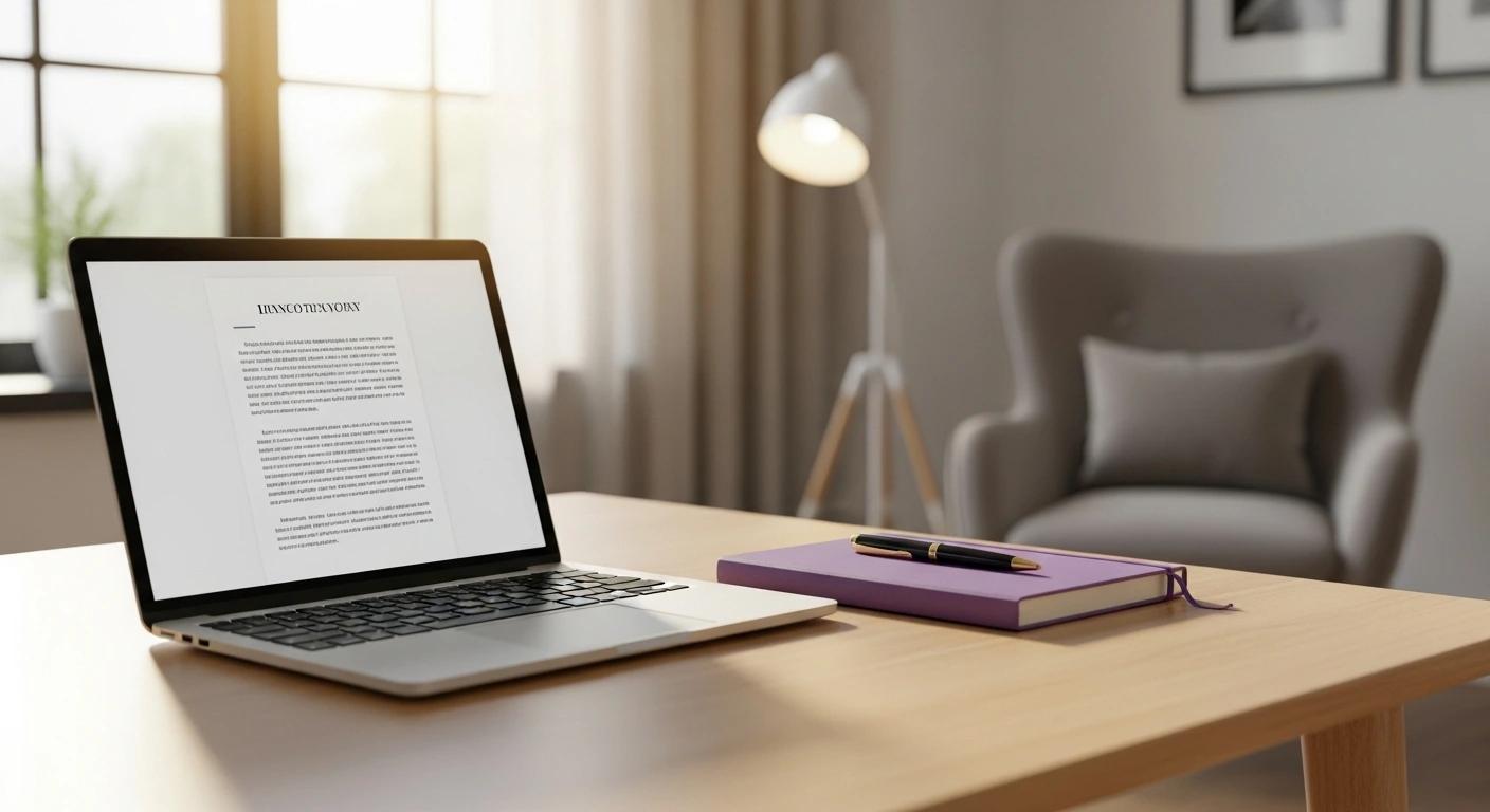 Mesa de psicólogo com computador e modelos de relatórios psicológicos prontos para edição.