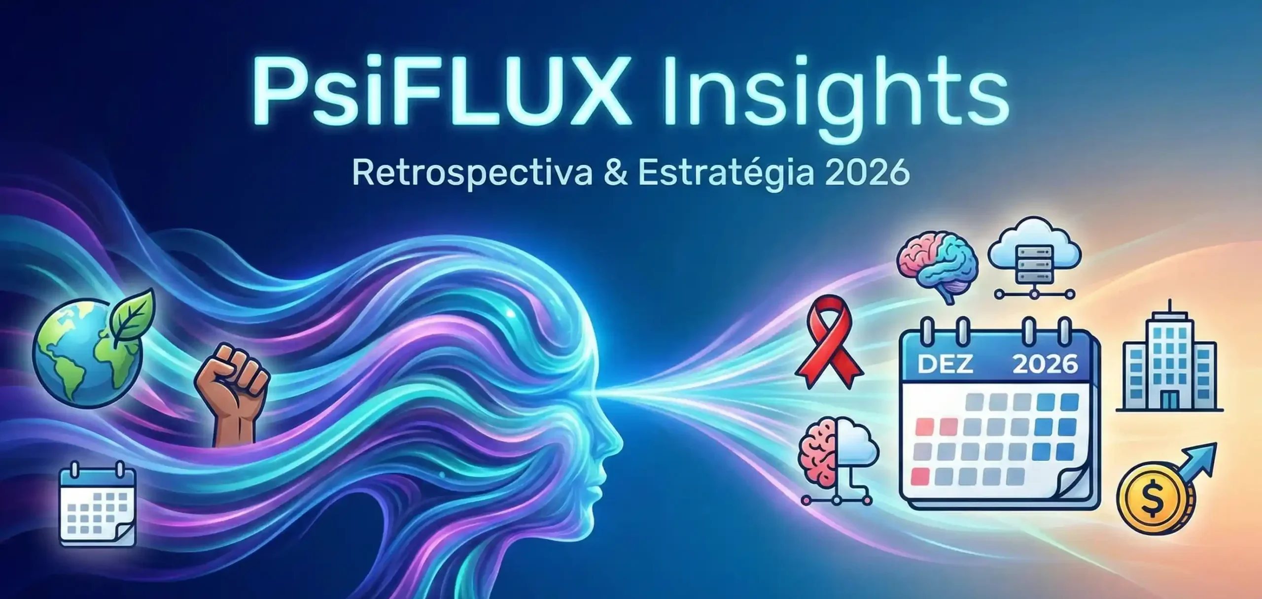 Arte conceitual da newsletter PsiFLUX. Silhueta de uma cabeça humana formada por fluidos luminosos azuis e roxos, conectada a ícones de tecnologia, natureza (folha) e calendário de 2026. Representa o futuro da psicologia e terapia.